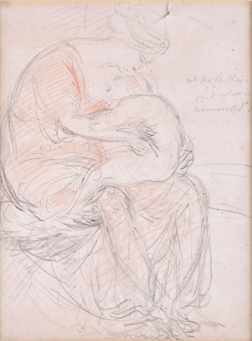 Attributed to Sir George Clausen (1852-1944) British 'Mother Cradling Child', charcoal and red