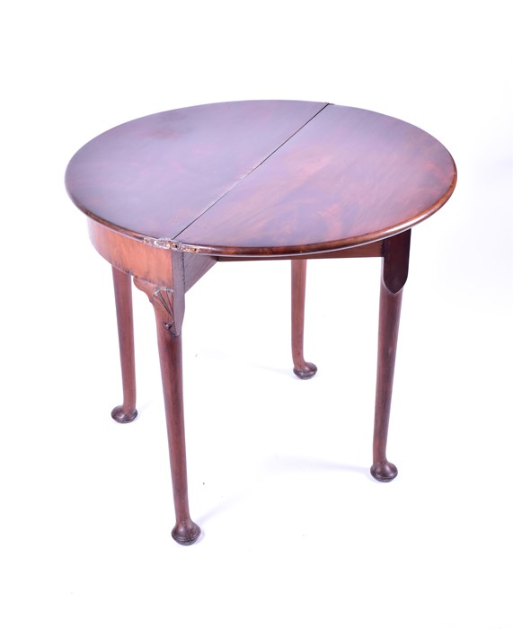 An eighteenth century mahogany demi-lune tea table possibly George II, the hinged top on a single - Image 3 of 8