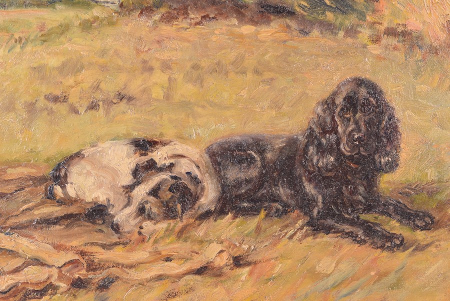 Lucy Dawson (1875-1954) British A spaniel and a terrier in a field, oil on board, signer lower - Image 3 of 5