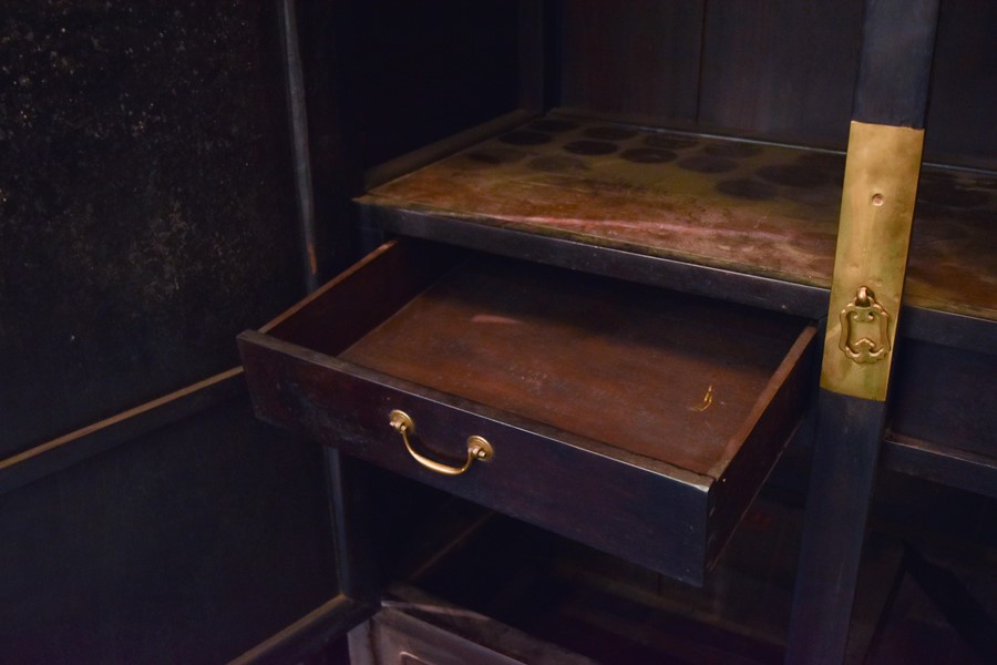 A pair of early 20th century Chinese hardwood cabinets with brass mounts, the panelled doors with - Image 7 of 18