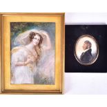 A 19th century miniature portrait on ivory of a woman in a veil 17 cm x 12 cm, glazed in a gilt