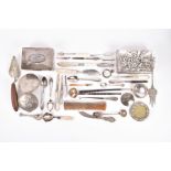 A group of silver, white metal, and plated items including a silver cigarette box (marks heavily