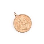 An Edwardian full sovereign pendant dated 1909, in yellow metal mount.CONDITION REPORT9 grams