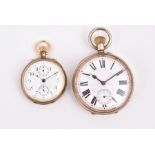 An early 20th century silver gilt chronograph pocket watch the white enamel dial with twin