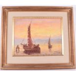 Pol Presson (XX) French depicting yachts on the shore line at sunset, oil on board, mounted and