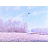 Julian Novorol (b. 1949) British depicting pheasants flying over a dry field, signed lower right and