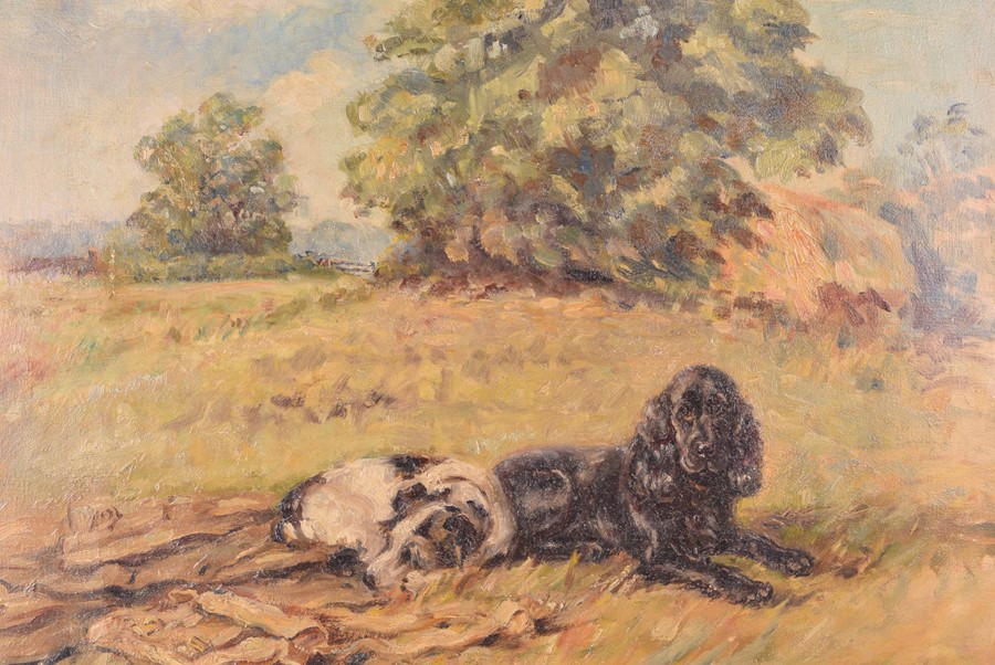 Lucy Dawson (1875-1954) British A spaniel and a terrier in a field, oil on board, signer lower - Image 4 of 5