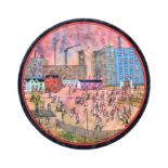 A 20th century enamelled beaten copper charger by Richard Casey entitled Mill Scene, early