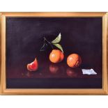 P Fortunato (20th century) Italian still life of two whole oranges and one segment, oil on panel,
