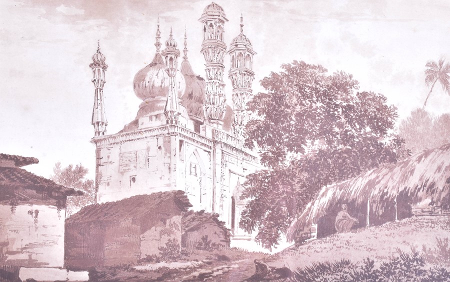 A pair of 18th century Indian prints after William Hodges 'A mosque at Gazipoor' and 'A View of - Image 2 of 7