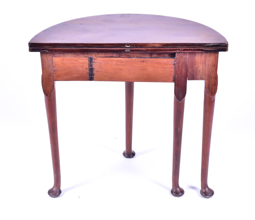 An eighteenth century mahogany demi-lune tea table possibly George II, the hinged top on a single - Image 2 of 8
