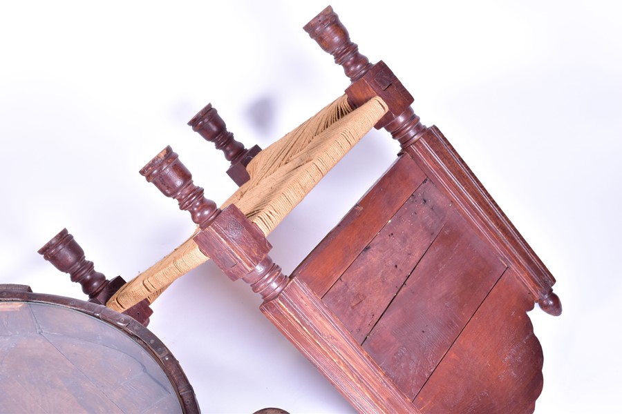 A pair of early 20th century Indian carved hardwood pida chairs, with rush seating, together with - Image 8 of 9