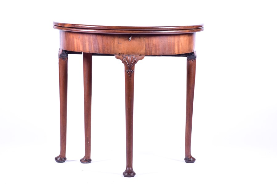 An eighteenth century mahogany demi-lune tea table possibly George II, the hinged top on a single - Image 8 of 8