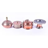 A group of Indian copper and mounted metal ware items to include a lidded tajine, a tazza, a domed