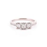 A diamond triple cluster engagement ring the three square clusters set with square and round