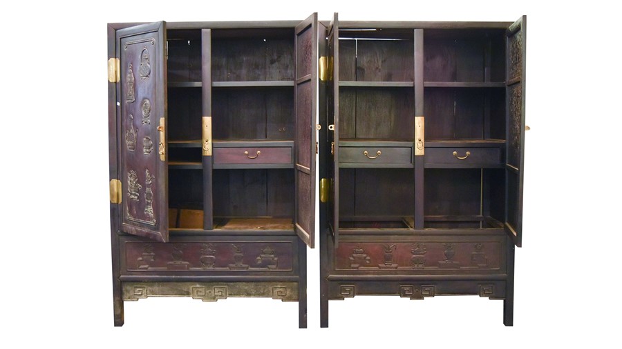 A pair of early 20th century Chinese hardwood cabinets with brass mounts, the panelled doors with - Image 3 of 18