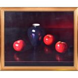 P Fortunato (20th century) Italian still life of a deep blue vase and red apples, oil on panel,