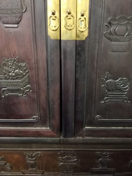 A pair of early 20th century Chinese hardwood cabinets with brass mounts, the panelled doors with - Image 14 of 18