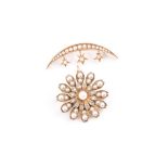 A yellow metal, diamond, and pearl floral brooch of circular form, set with rose-cut diamonds and
