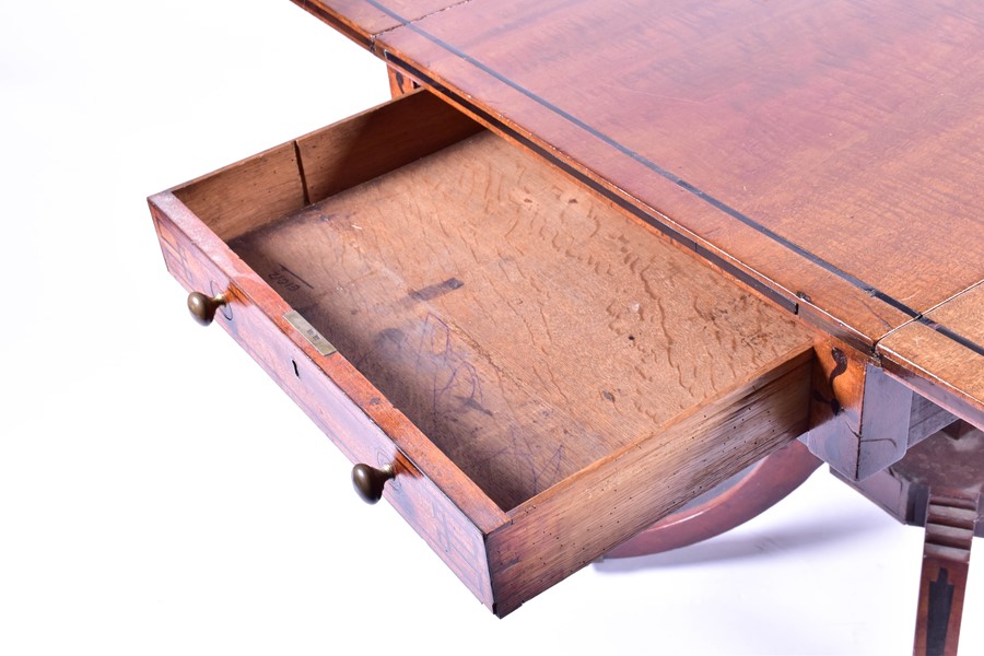 A Regency period rosewood Pembroke table the rounded rectangular drop leaf top over end frieze - Image 2 of 4