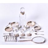 A small collection of miscellaneous silver to include a silver collar cut glass decanter, a silver