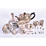 A mixed group of silver items to include a small teapot and open sugar bowl, a strainer, cruets, a
