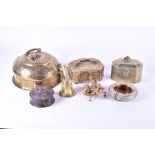 A group of 19th century Indian brass caskets together with other brass ware caddies, spice boxes,
