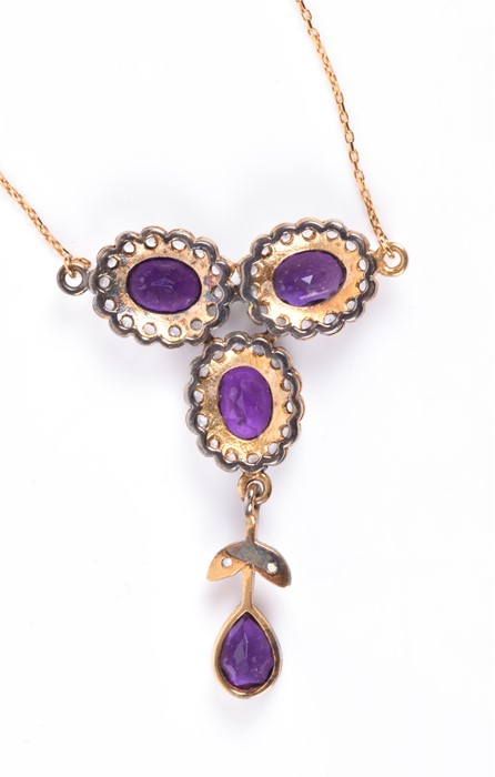 A silver gilt, amethyst, and white topaz drop pendant necklace set with three gemstone clusters - Image 3 of 4