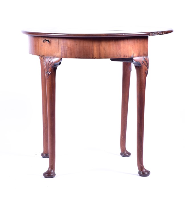 An eighteenth century mahogany demi-lune tea table possibly George II, the hinged top on a single - Image 4 of 8