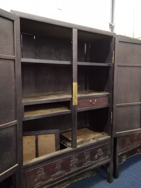 A pair of early 20th century Chinese hardwood cabinets with brass mounts, the panelled doors with - Image 12 of 18