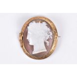 An unusual cameo brooch of oval form, depicting a Classical female profile with ornate hair, wearing