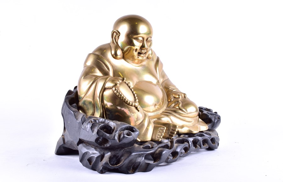 A large early 20th century Chinese brass figure of Hotei seated on a bespoke carved harwood stand, - Image 6 of 7