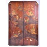 An early 20th century Chinese lacquer two-door wardrobe decorated with figures and birds in a