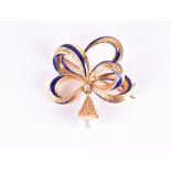 A yellow metal, enamel, diamond, and pearl bow brooch in the form of a looped ribbon, with cobalt