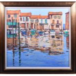 George Devlin RSA (1937-2014) Scottish probably depicting an Italian port, oil on canvas, signed