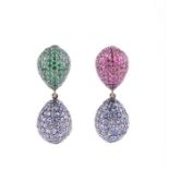 A pair of emerald, sapphire and ruby ear pendants by Viviane Debass one with the mount pave-set with
