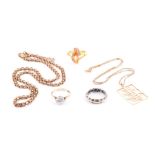 A group of yellow metal jewellery items to include a 9ct yellow gold and CZ ring, size N, a 9ct