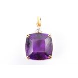 An impressive 18ct yellow gold, diamond and amethyst pendant set with a large mixed square cushion-