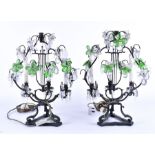 A pair of French lyre form girandoles with green and translucent cut glass flowers and drops,