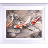 Farrell E Douglas (20th century) American 'Migration V', a study of Koi a rocky pool, acrylic and