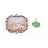 An unusual late 19th century gilt metal brooch of rectangular form, set with a miniature watercolour