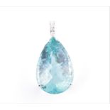 An 18ct white gold, diamond, and aquamarine pendant set with a large, pear-cut faceted aquamarine of