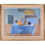 Claire Baines (XX-XXI) depicting a still life on a table with a blue tablecloth in the middle of a
