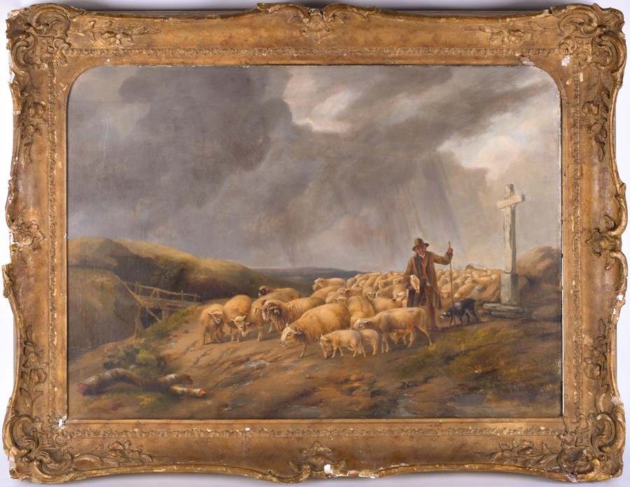 English School, 19th century depicting a shepherd with a flock of sheep, bearing signature 'John