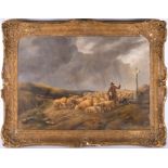 English School, 19th century depicting a shepherd with a flock of sheep, bearing signature 'John