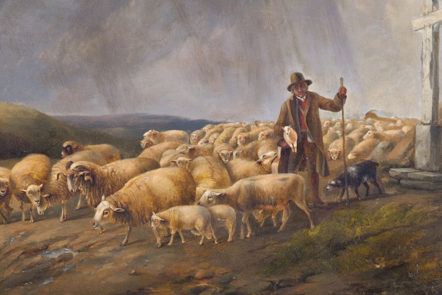 English School, 19th century depicting a shepherd with a flock of sheep, bearing signature 'John - Bild 2 aus 4