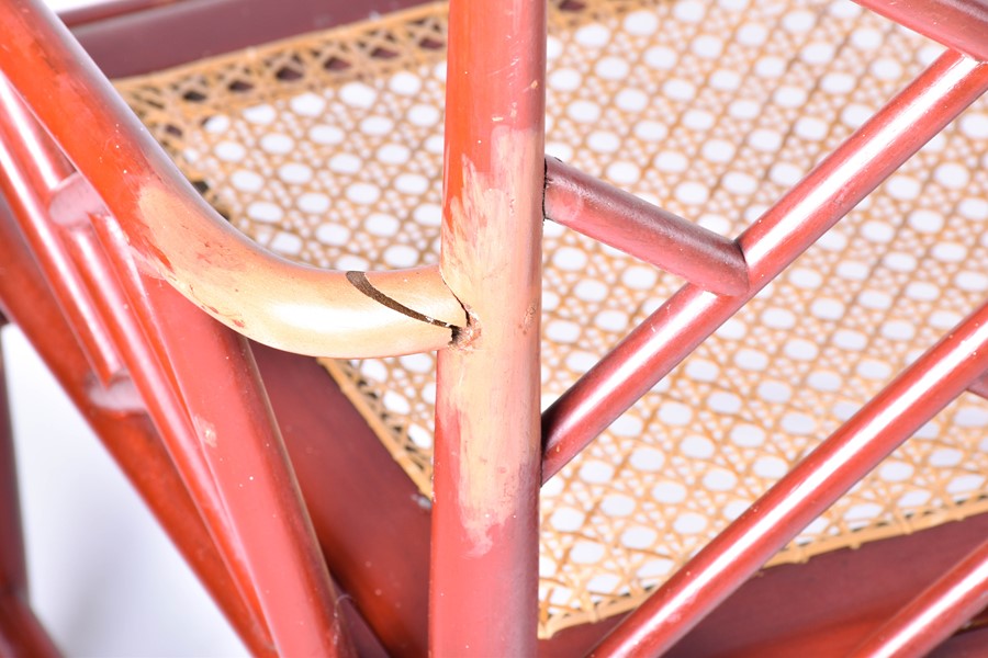 A pair of 20th century cockpen chairs with red painted frame and caned seat, each 88 cm high x 60 cm - Image 2 of 7