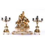 A 19th century gilt metal clock garniture with central gilt spelter mantle clock modelled as an