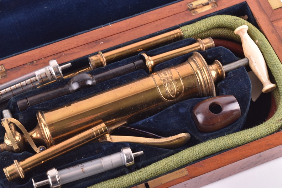 A late 19th century cased set of stomach pumping instruments by Down & Bros, London, with pump and - Image 7 of 7