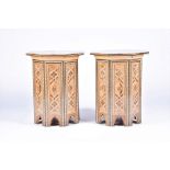 A pair of 20th century inlaid Moroccan style tables of octagonal shape, each profusely inlaid with